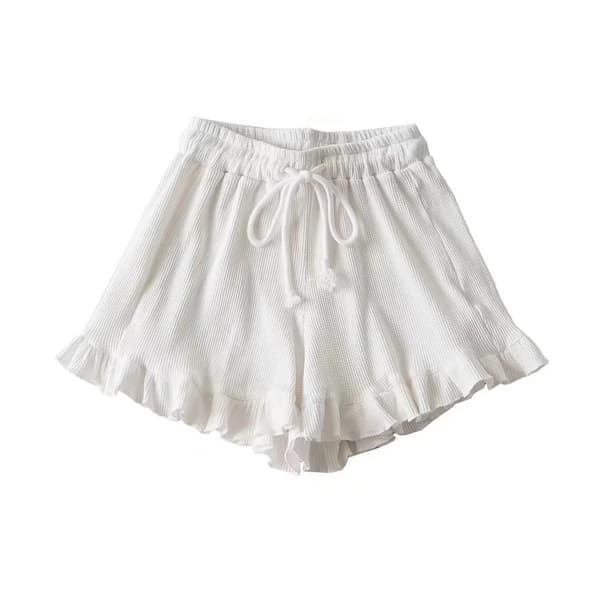 Blondekantede vaffelshorts, sommer elastisk linning med snøre og flæsekant white M
