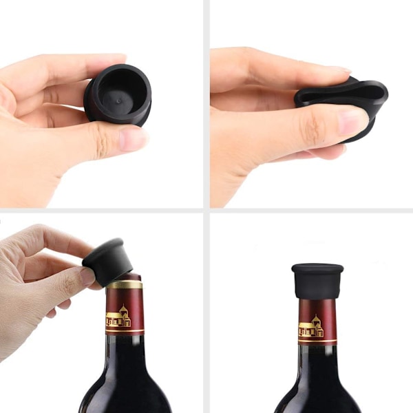 Silikonflaskkorkar, återanvändbara, för vin, champagne, öl, kolsyrade drycker, 6-pack, svart