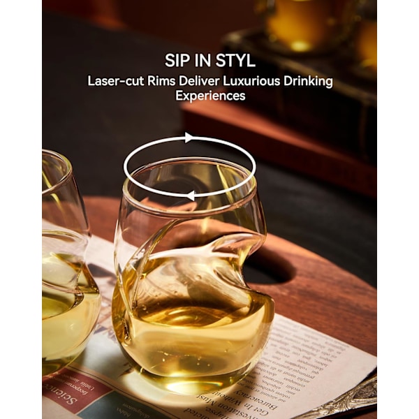 Set med 4 stjälklösa vinglas (350 ml vardera), med innovativ spiraldesign för luftning, luftar vinet naturligt. Perfekt för röda och vita viner.