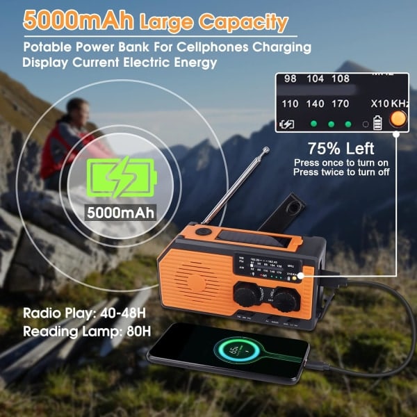 Solcellsdriven Vattentät Radio med 5000mAh Laddningsbart Nödläge