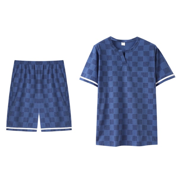 Herr Kort Pyjamas Set Man Sommar Tunn Bomullsbyxor Tryck Casual Hem Loungewear V-Hals XXL