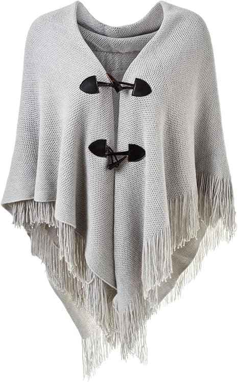 Elegant varm dameponcho sjal (grå) åben front med frynser