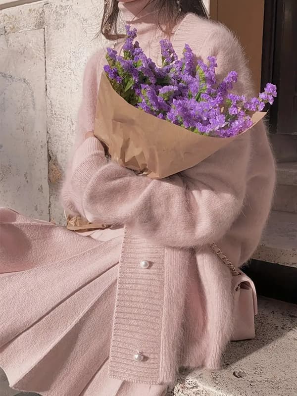 Enfärgad V-ringad kofta, elegant långärmad kofta för höst och vinter, damkläder rosa Pink M