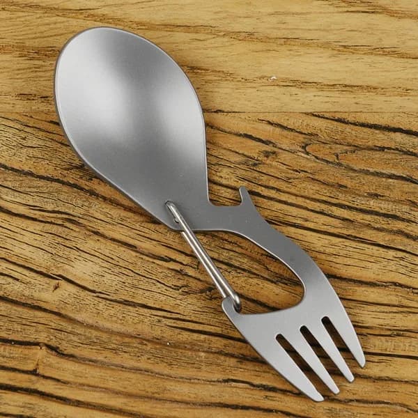 Multiværktøj Spork, rustfrit stål/titanium - Ske, gaffel, karabinhage og flaskeåbner, almindelig A