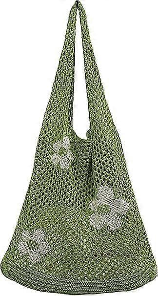 Virka handväskor för damer, sommarstrandvävda väskor boho stickade axelväskor blommiga shoppingresväskor avslappnade handväskor för festivaler