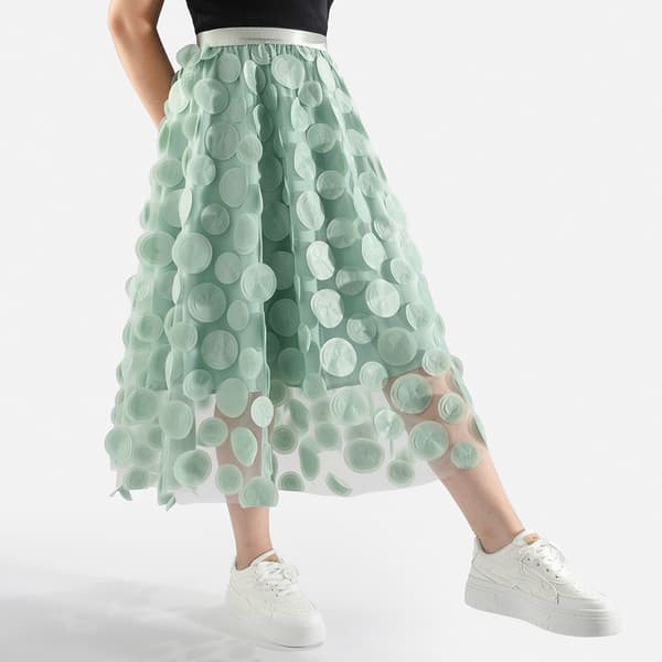 Customs Skjørt Kvinner 3D Polka Dot Mesh Flowy A-Line Midi Skjørt green