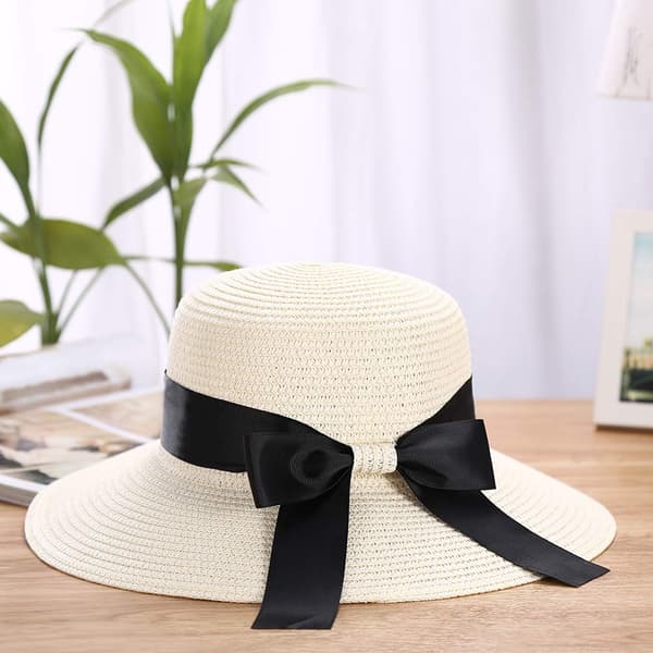 Dame sommer stråhatt solhatt UV-beskyttelse strandhette sammenleggbar visir floppyhatt bred brem med stropp sløyfe white