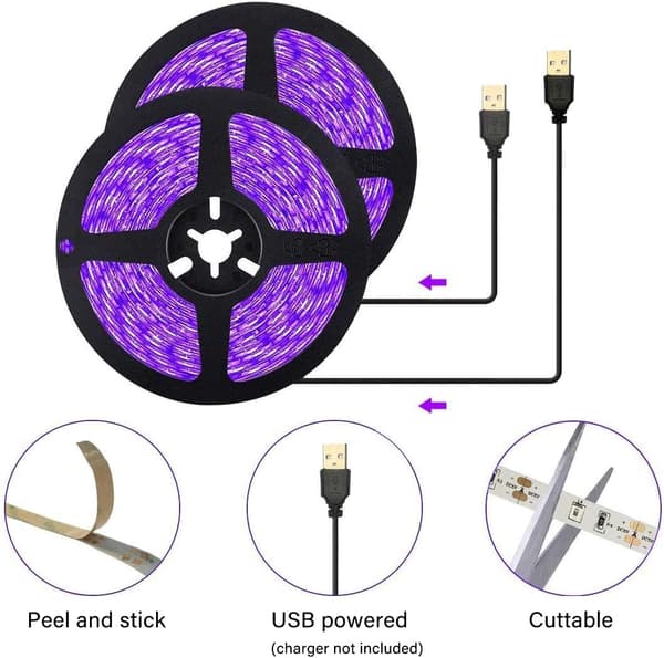 3-pack UV LED lila svartljusremsa, 4,5 W 2 m USB 5 V driven
