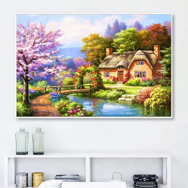 30x40cm Sæt#B 5D DIY Diamantmaling, Hus Landskab Diamantma