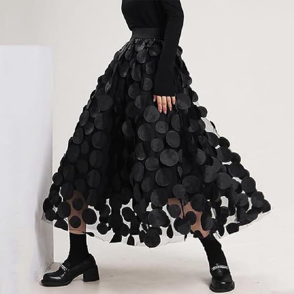 Customs Skjørt Kvinner 3D Polka Dot Mesh Flowy A-Line Midi Skjørt black
