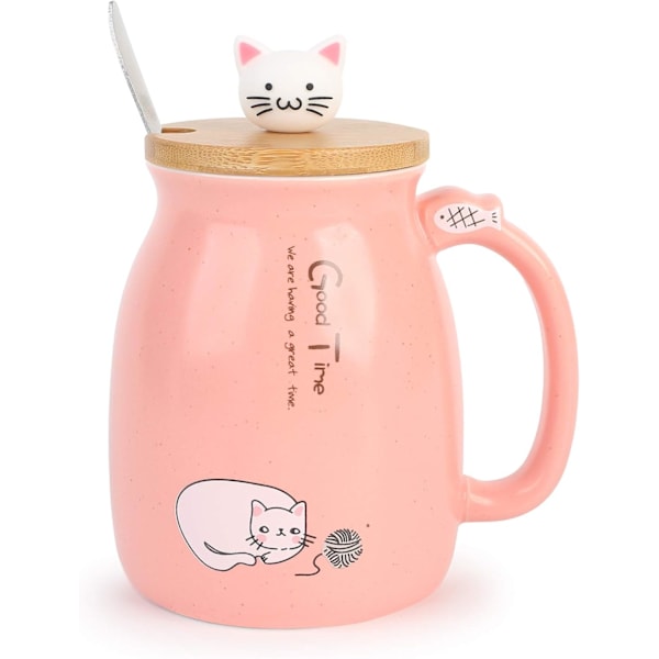 Frukostmugg Present till Vänner Katt Kaffemugg Kanin Tekopp med Lock och Sked Pink