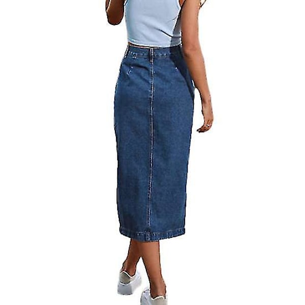 Dam Casual Hög Midja Enfärgad Knäppning Denim Jeanskjol Blå Blue S