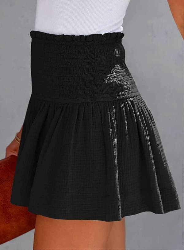 Kvinders shorts bomuld høj elastisk talje plisseret flæse søde shorts strand flydende afslappede shorts S-XL sort Black Medium