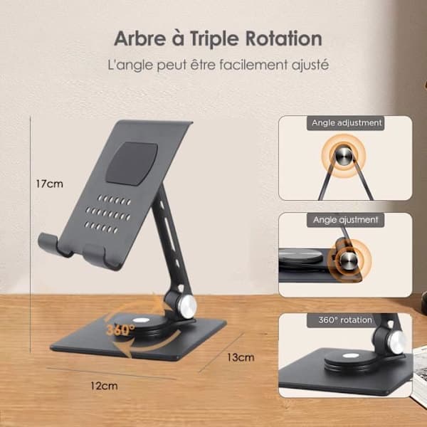 Nettbrettholder, 360° roterende, sammenleggbart iPad-stativ, bordstativ for iPad Air/Mini, Kindle (4-16 tommer), telefoner