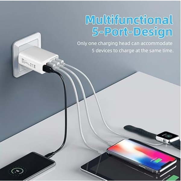Flera Laddare 65W 5 USB-Portar C, QC3.0, USB C PD20W Adapter, Multiladdare, Snabbare och Säkrare Laddning. Kompatibel med Alla Mobiltelefoner