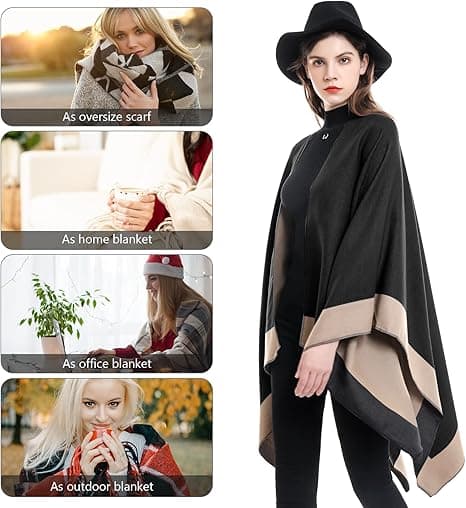 Elegant sjalcape til kvinder, åben front, blød poncho, velegnet til forår, efterår og vinter. Guld+sort gold＋black