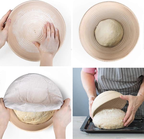 Banneton rund, brödform med linnefoder, rund brödkorg, jäskorg för bröd, upp till 0,9 kg deg, 25 cm