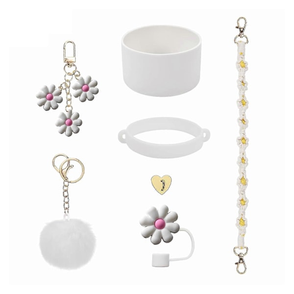 Vattenflaskhylsa Kopp Skyddande Hölje Set för Stanley Silikon Tumbler Hylsa med Handtag Rem Blommiga Berlocker Jikaix White