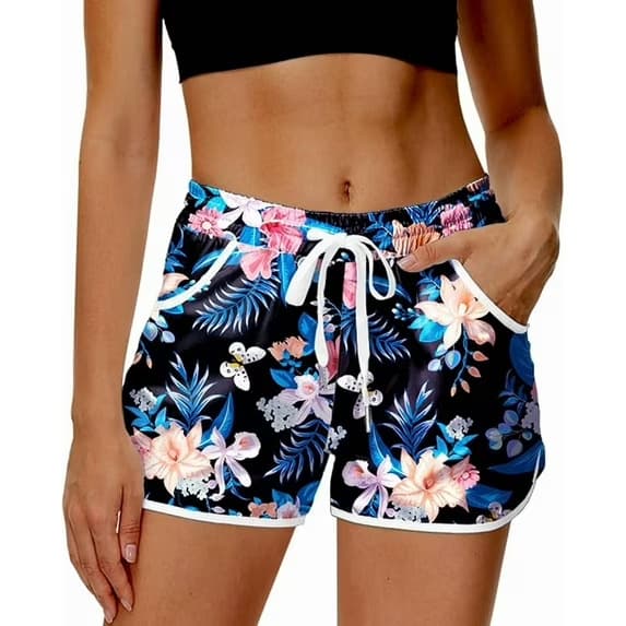 Kvinders blomstrede strandshorts med lommer, badetøj 6 6 M