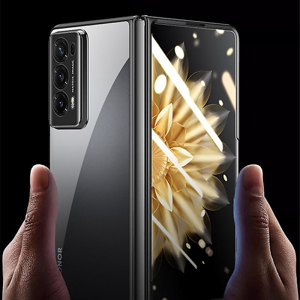 För Honor Magic V2 5G Transparent Telefonfodral Elektroplätering PC-Telefonfodral med Härdat Glasfilm (Stöder Fingeravtrycksupplåsning)