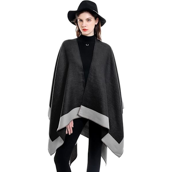 Elegant sjalcape til kvinder, åben front, blød poncho, velegnet til forår, efterår og vinter. Sort+grå black＋grey
