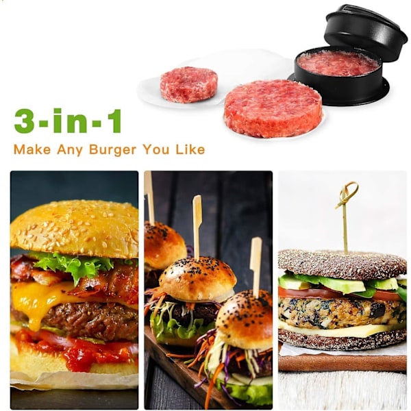 3 i 1 Hamburgarepress - Gör Perfekta Hamburgare, Tunt Mald Kött - Burgerpress - Patty Maker Hamb
