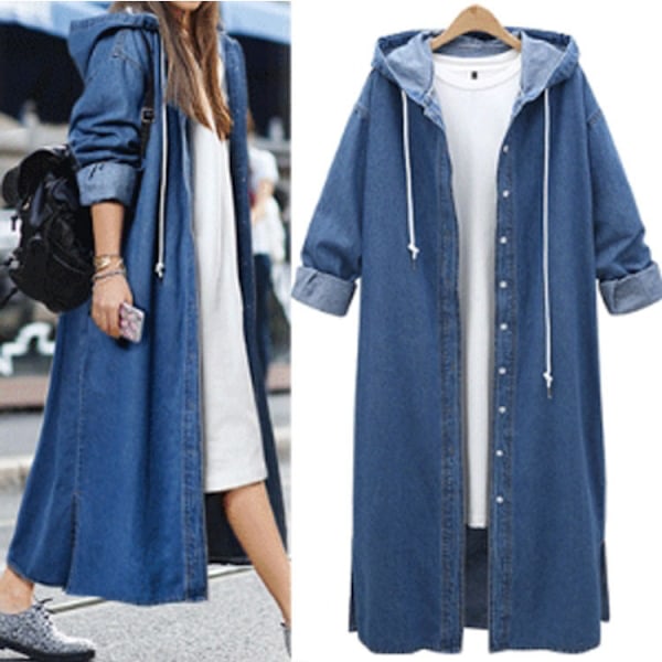 Lång jeansjacka för dam med huva, ytterkläder mörkblå Mörkblå XL Dark Blue