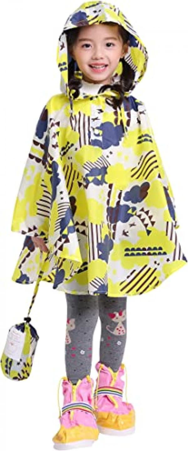 Regnponcho med hette til barn, gul sky, S