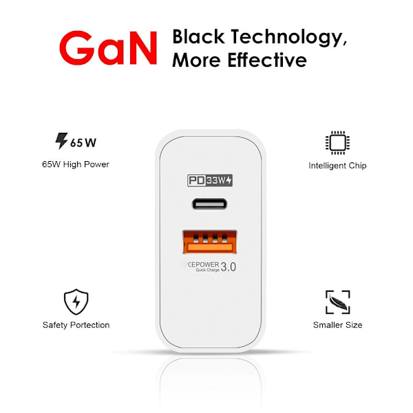 65W GaN Snabbladdare med USB C-kabel, för mobil och MacBook Pro vit vit white