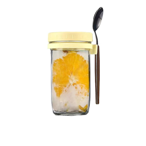 Bästsäljare - Havregrynsmoothieburk Glasbehållare för flingor Go Salladsbehållare Lock Overnight Oats Burkar med Lock och Skedar yellow 600ml