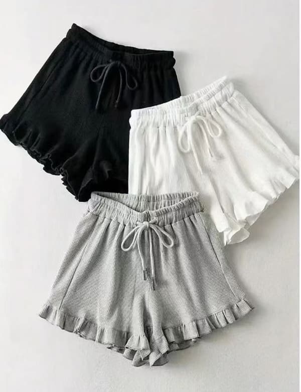 Blondekantede vaffelshorts, sommer elastisk linning med snøre og flæsekant white M