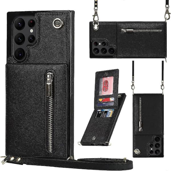 Læder Wallet Case til Samsung Galaxy S23 Ultra/ S23+/ S23 med Halsrem & Stativ & Lynlås Wallet
