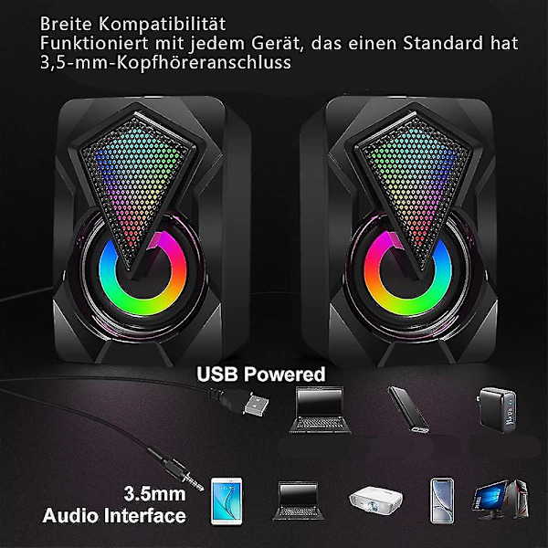 USB-datorhögtalare 10W 2.0 stereohögtalarsystem med färgstark LED-belysning för PC-dator, stationär dator, laptop, smartphone