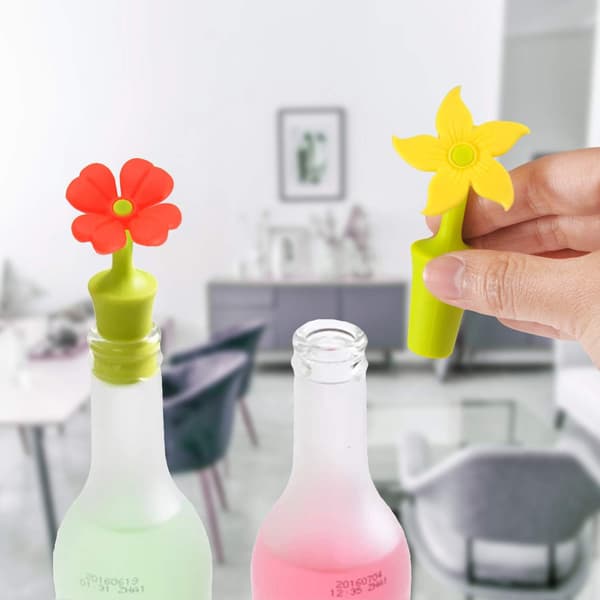 Vinpropper til vinflasker - Silikoneforseglede flaskehætter - Diameter 0,63 tommer - Korkerstatning - Sæt med 6 søde farvede blomster
