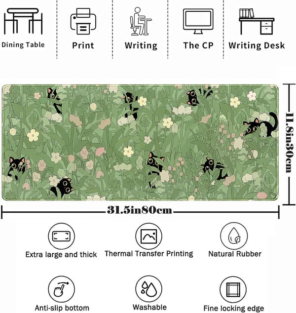 Sød grøn blad lyserøde blomster musemåtte skrivebordsmåtte Kawaii Anime Kat skrivebordsbeskytter indretning skrivebordsmåtte 80x30 cm