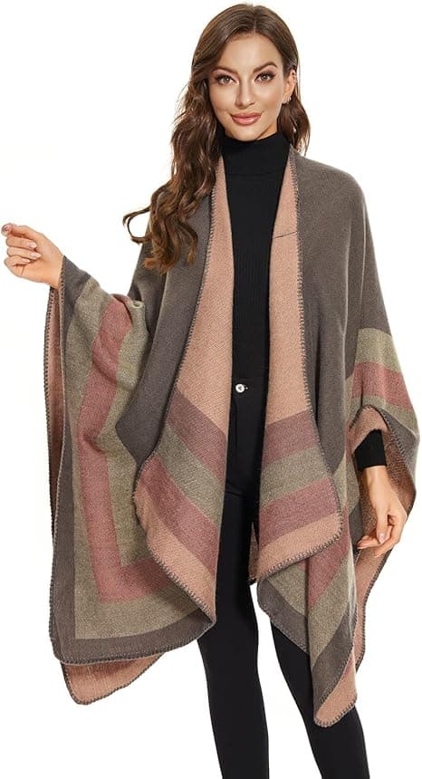Elegant sjalcape til kvinder, åben front, blød poncho, velegnet til forår, efterår og vinter. Pink＋Grå pink＋grey