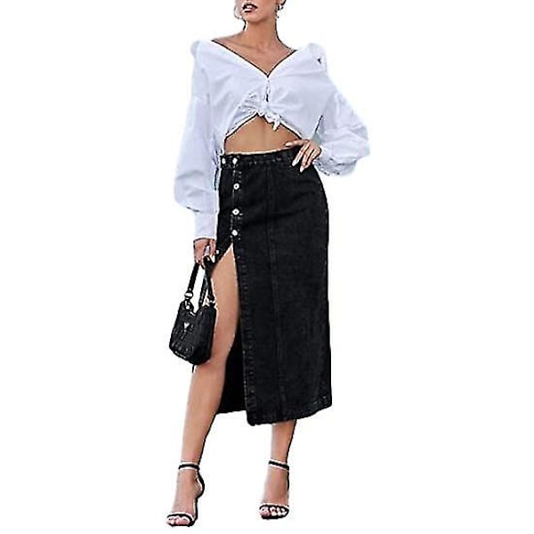 Dam Casual Hög Midja Enfärgad Knäppning Denim Jeanskjol Svart Black M