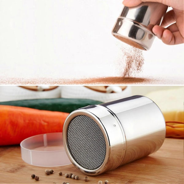 Kryddströare i rostfritt stål med lock, fint nät, roterande lock, kryddburk för peppar, kaffepulver, BBQ-krydda, livsmedelsklassad salt- och sockerskakare för utomhusbruk C L