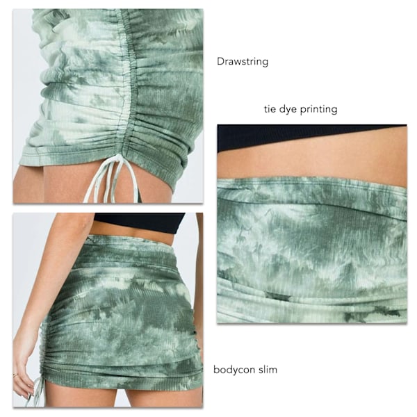 Rynkad Ribbad Bodycon Kjol Tie Dye Elastisk Snörning i Sidan Rynkad Bodycon Kjol för Kvinnor Dejting Grön L
