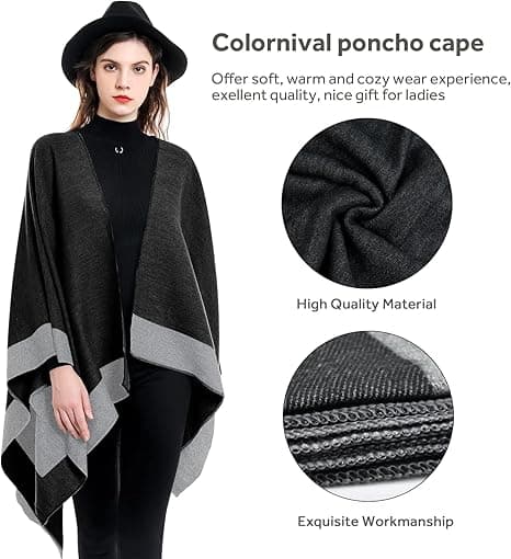 Elegant sjalcape til kvinder, åben front, blød poncho, velegnet til forår, efterår og vinter. Sort+grå black＋grey