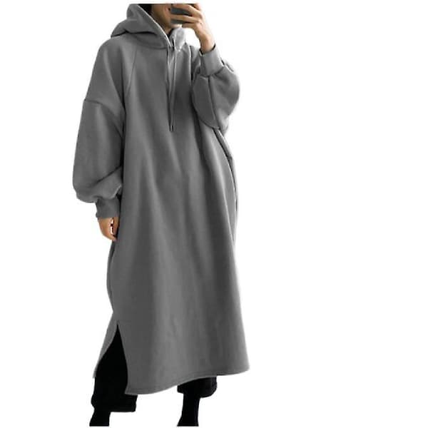 Blød termisk kjole hættetrøje til kvinder, sweatshirtkjole med hætte, grå Grey XXXL