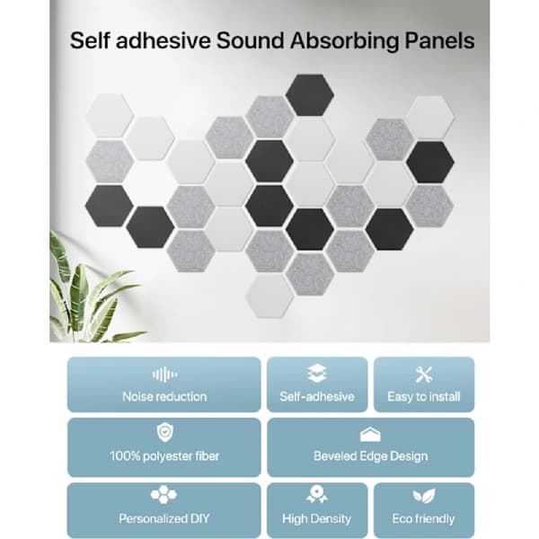 Akustikpaneler 12-pak hexagonal selvklæbende akustikpaneler Lydabsorberende skumpaneler Akustikpaneler 30 x 25 cm Light gray