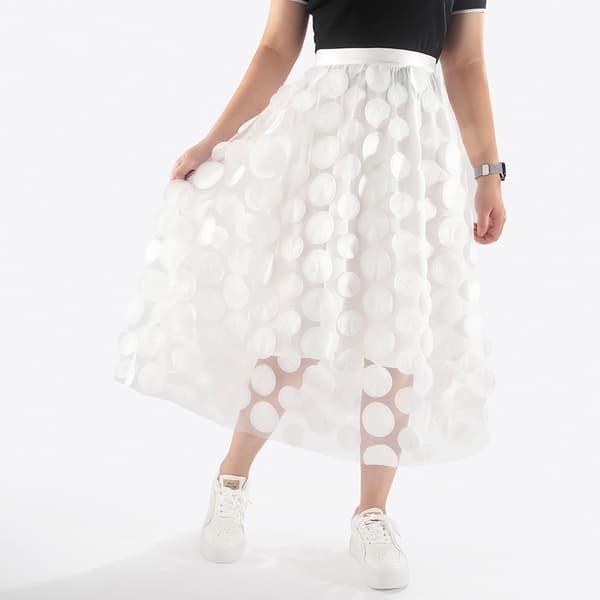 Customs Skjørt Kvinner 3D Polka Dot Mesh Flowy A-Line Midi Skjørt white