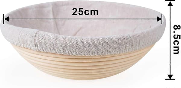 Banneton rund, brödform med linnefoder, rund brödkorg, jäskorg för bröd, upp till 0,9 kg deg, 25 cm