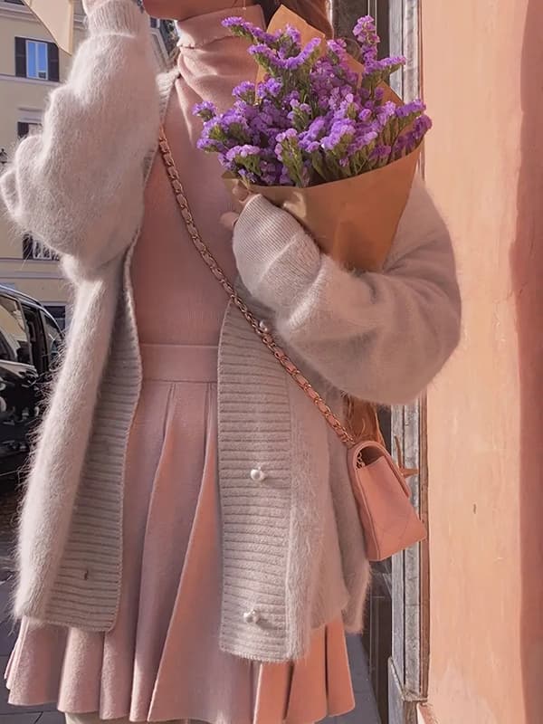 Enfärgad V-ringad kofta, elegant långärmad kofta för höst och vinter, damkläder rosa Pink M