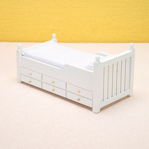 1:12 Dockhus Miniatyr Säng Vit Enkelsäng med Låda Sovrum