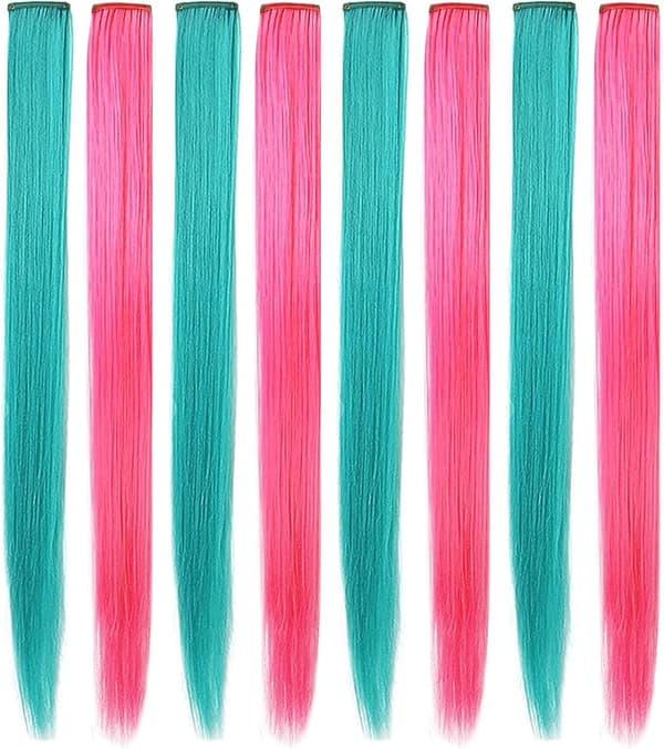 21' 8 stk. farvede hårextensions til piger, festlige farvede clip-in hårextensions til piger og børn, hårtilbehør (turkis pink)