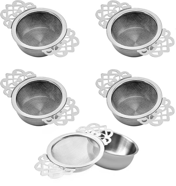 5 st teboll tesil, 304 rostfritt stål finmaskig tefilter, teinfuser med handtag tediffusor (silver) Silver
