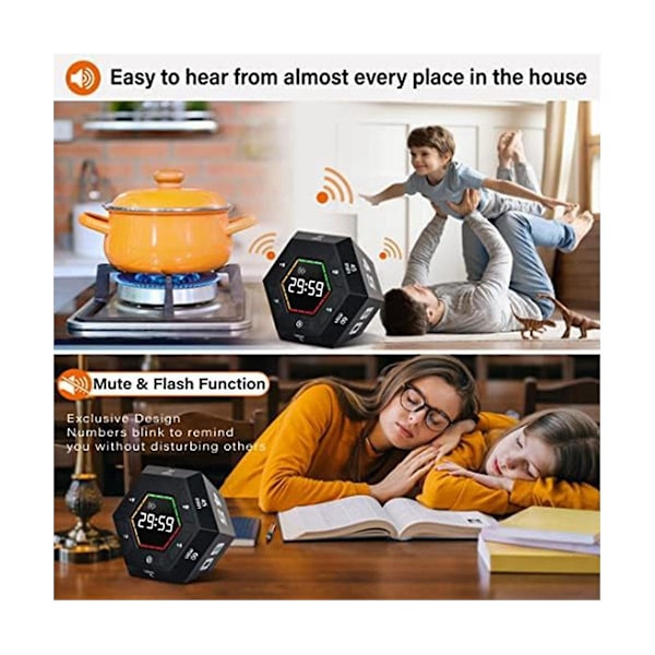 Pomodoro-timer, produktivitetstimer, 3, 5, 15, 30, 45, 60 minuter förinställd smart nedräkningstimer, tid M Black