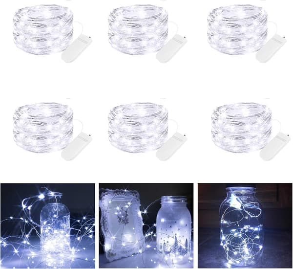 6-pack LED-fairylampor med batteridrift, 2 m 20 LED-koppartrådslampor, för sovrum, bröllop, burkar, flaskor, dekorationer White